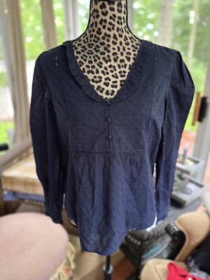 LOFT Navy Blue Swiss Dot Long Clip Ruffle Bib Peasant Blouse Top XS Women's New