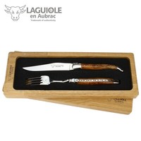 En Aubrac - 1 Laguiole Steakmesser + 1 Gabel - Teakholz - Besteck Set Frankreich