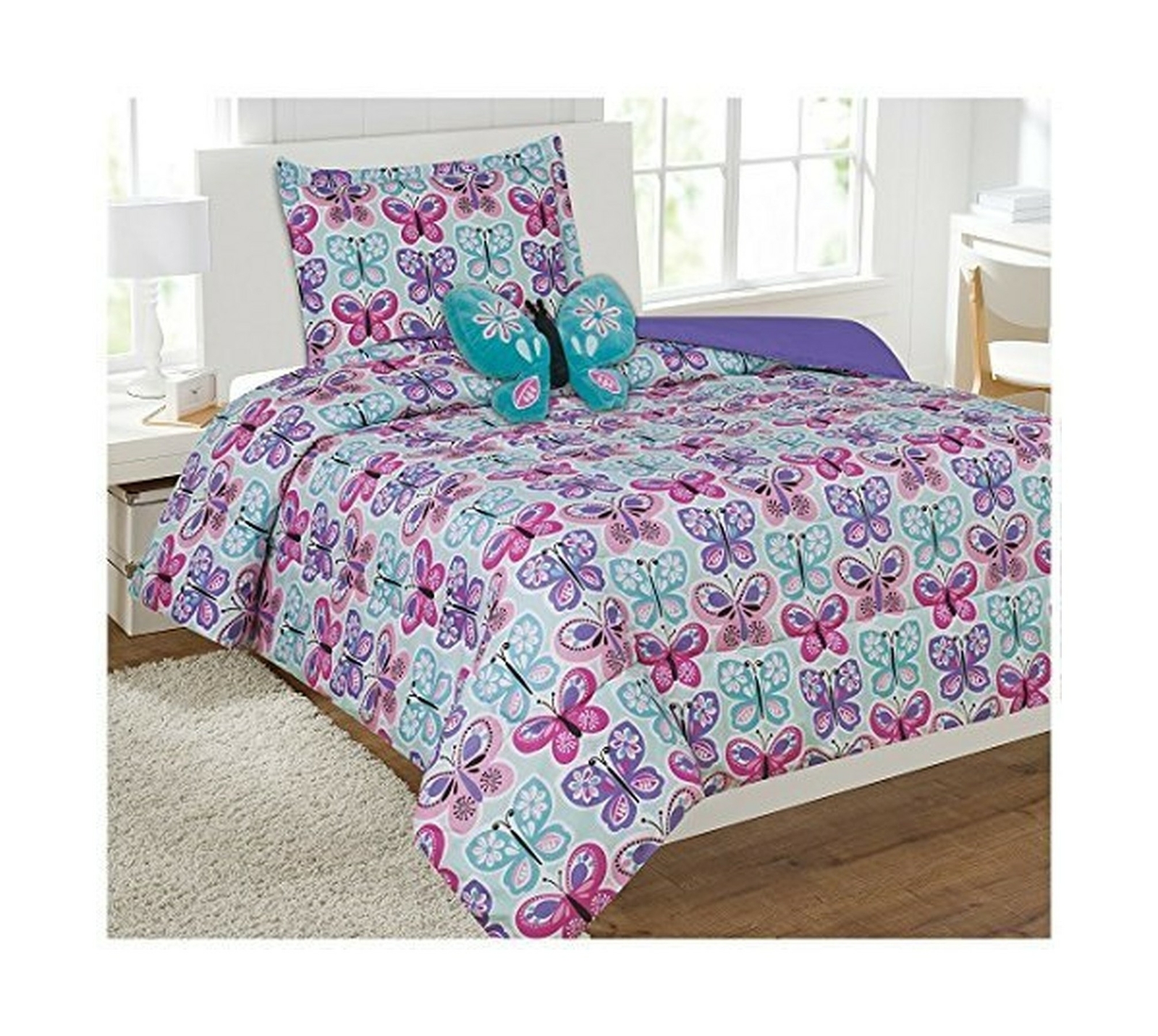 Linen Plus Twin Size 6pc Comforter Set for Girls Butterfly Light Blue Turquoise Pink Purple New