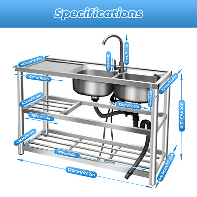 1/2 Compartment Commercial Sink Stainless Steel 304 Kitchen Utility Basin Sink