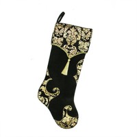 21.5 Black Metallic Gold Damask Print Christmas Stocking Gold Tassel And Trim on sale 21.5 Black Metallic Gold Damask Print Christmas Stocking Gold Tassel And Trim on sale