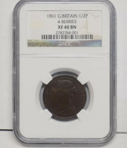 GREAT BRITAIN 1861 1/2 P HALF PENNY NGC XF 40 BN XF40 UK Certified Rare Coin 