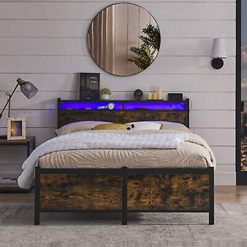 Bed Frame with LED Lights and Charging Station, Metal Platform Bed w/Headboard-image
