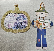 Set of 2 Fall Hanging Signs Scarecrow  Pumpkin Happy Harvest Welcome Autumn