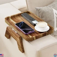 ZUJJAFY Acacia Wood Couch Armrest Table - Clip-On Sofa Tray for Drinks & Snacks