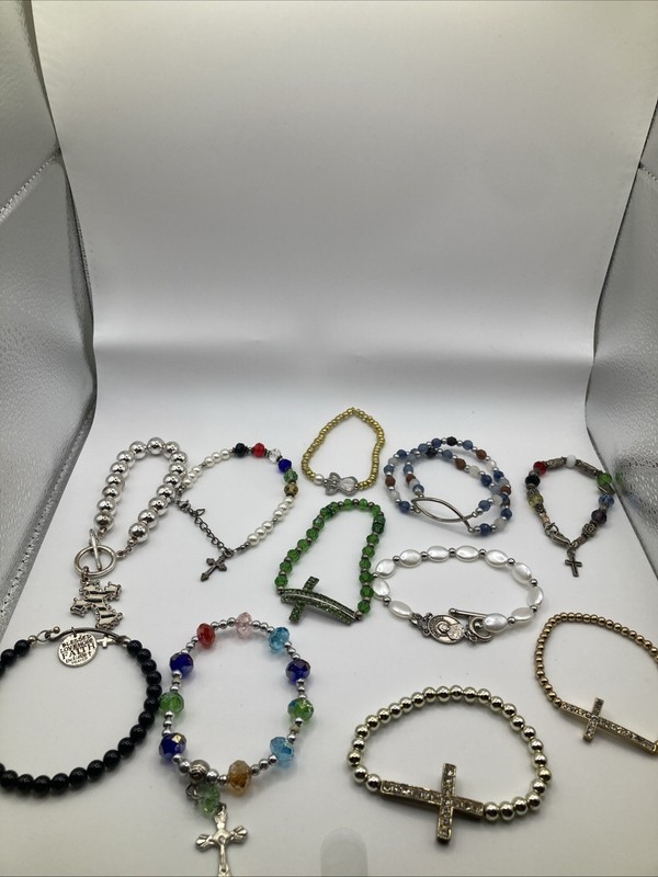 Lot Of 11 Colorful Beaded Christian Cross Religious Charm Bracelets