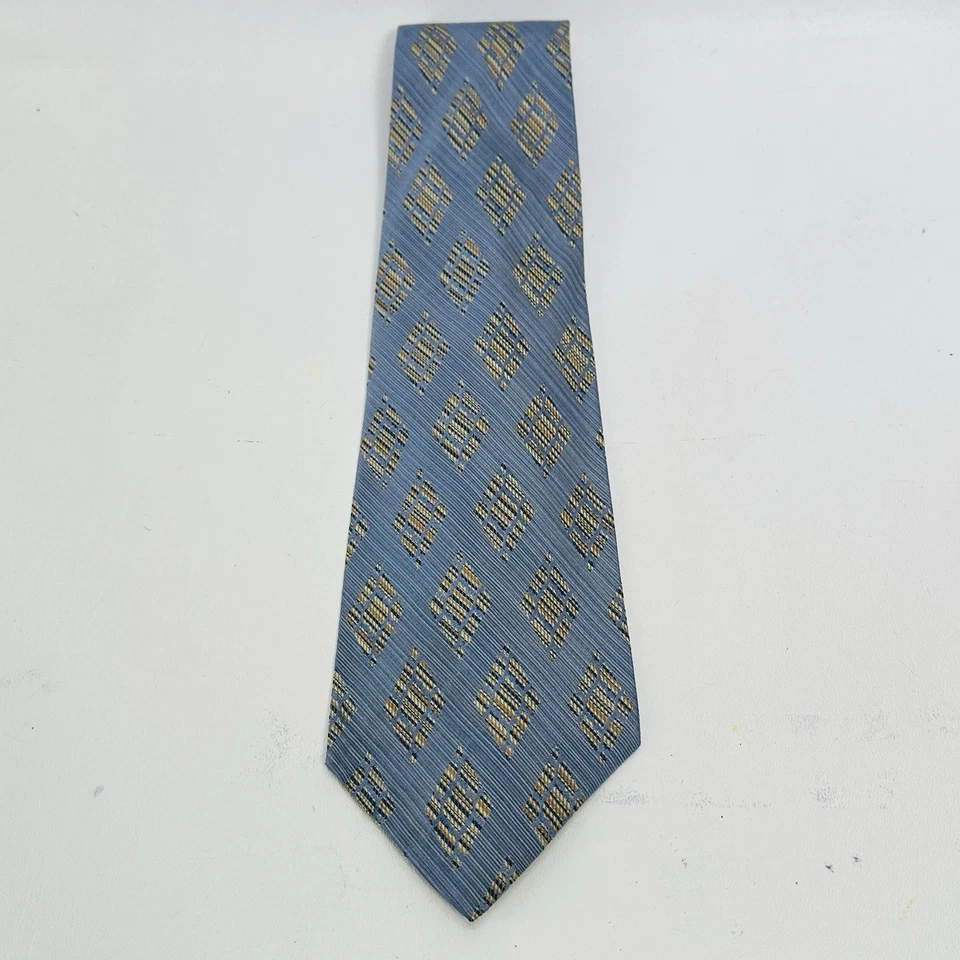 Винтажный мужской галстук Leonardo 57 из итальянского шелка синего золота диагональ в полоску широкий - Изображение 4 из 4