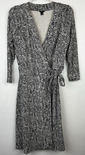 Ann Taylor Wrap Dress Women 8 Stretch Jersey Black Print Business Office Classic