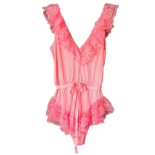 Vintage Alana Gale Pink Lace Ruffle French Cut Teddy Bodysuit Lingerie Sissy Med