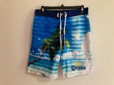 Corona Extra Swim Trunks Shorts Men Size S Small Beer Palm Tree Striped Blue