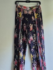 Johnny Was Black Floral Silk Wrap Wide Leg Boho Chic Women's Pants S