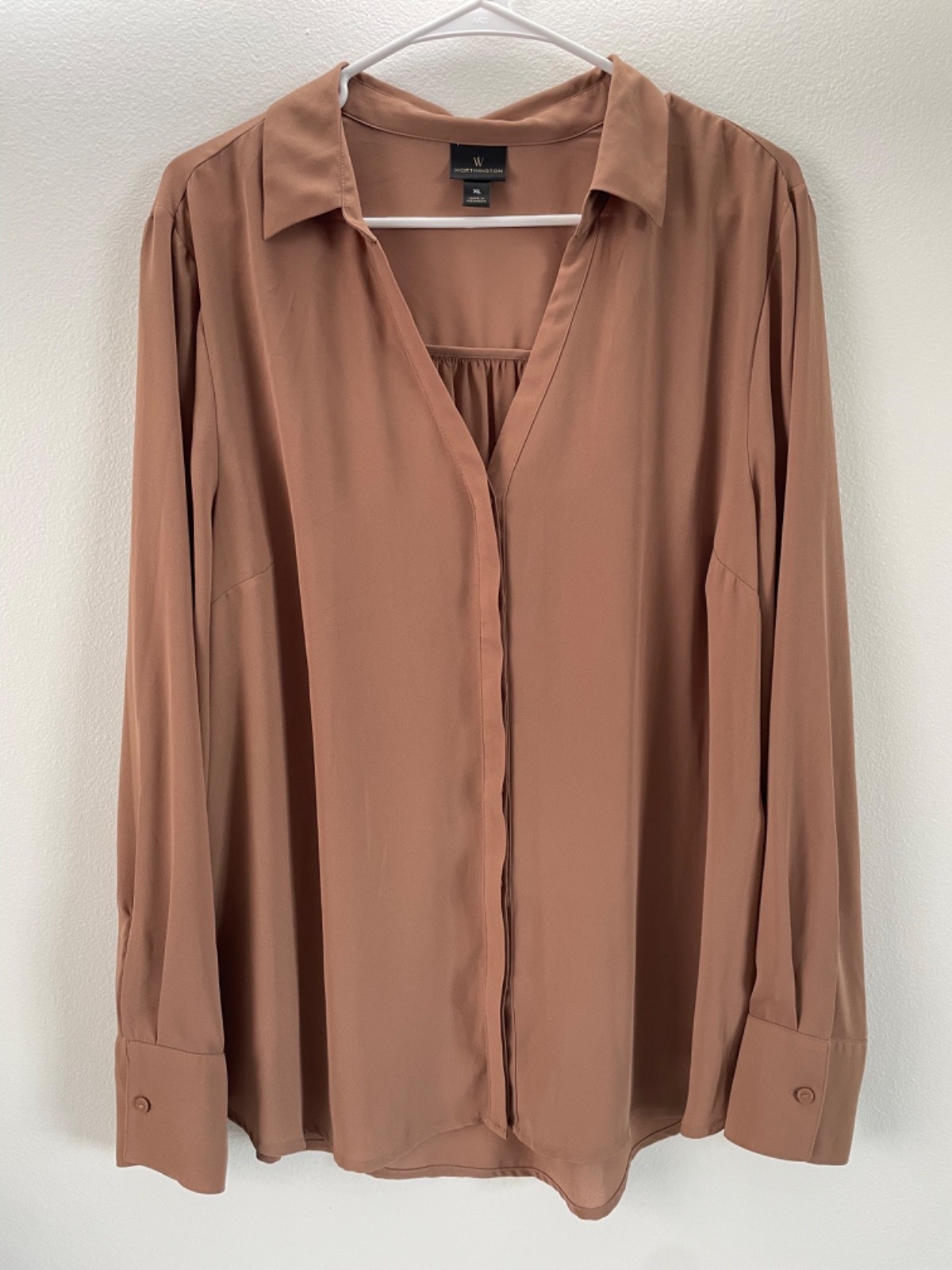 Worthington XL Light Mocha Brown Long Sleeve Button Blouse