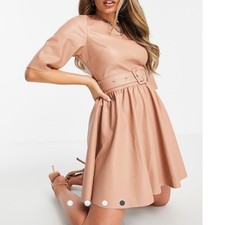ASOS DESIGN 4 Faux Leather Belted A Line Mini Skater Dress Beige Tan
