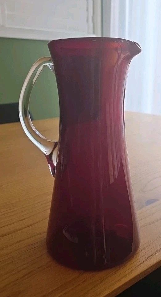Superb Vintage Red Ruby Hand Blown Glass Pitcher Jug With Clear Handle. EC - Image 2 of 4