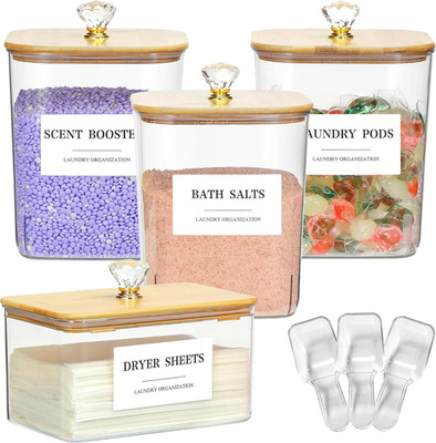 4 Pack Clear Laundry Pods Container & Dryer Sheet Holder Set with Lid, Laundry C