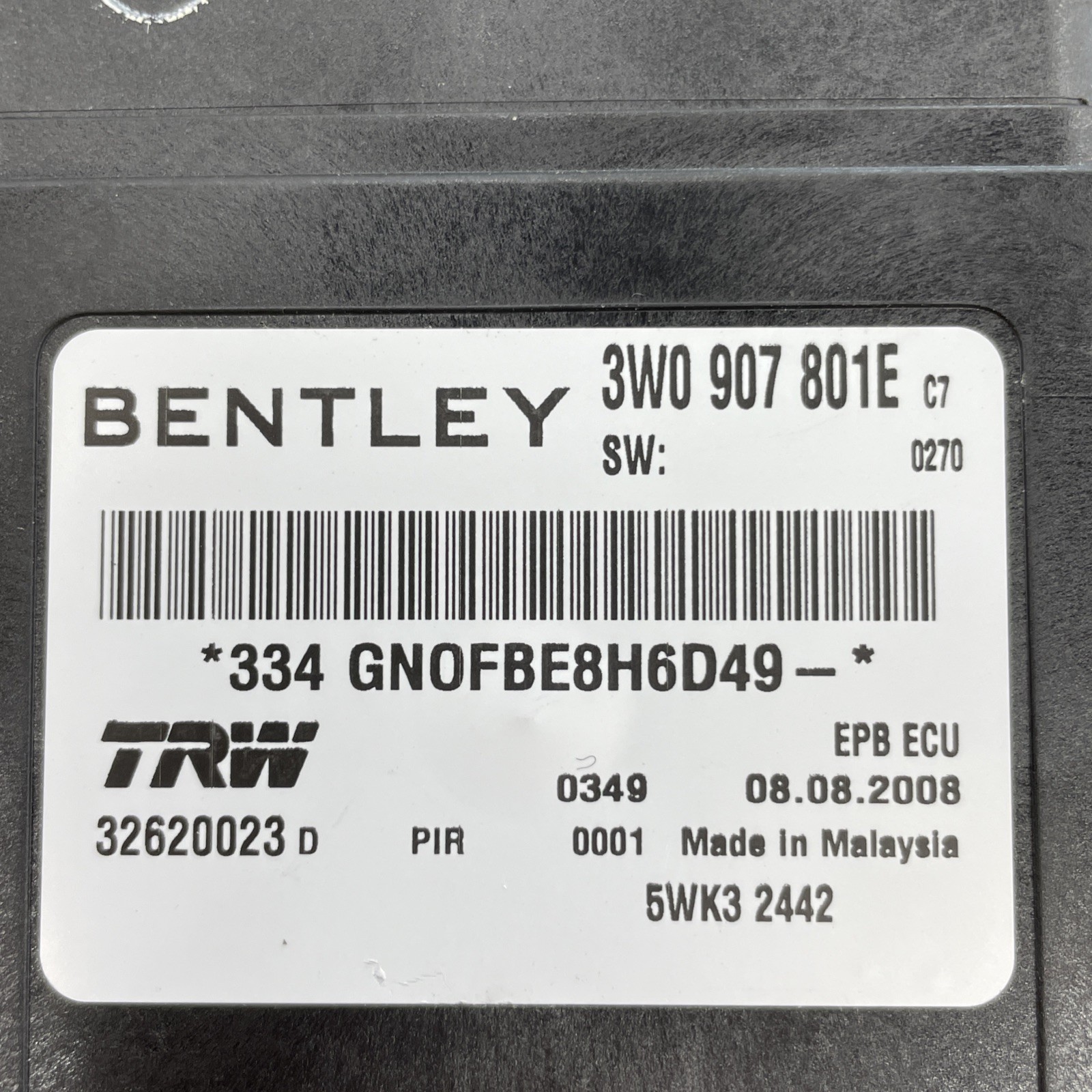 Parking Brake Control Module PN:3W0907801E 2009 Bentley Continental  Flying Spur