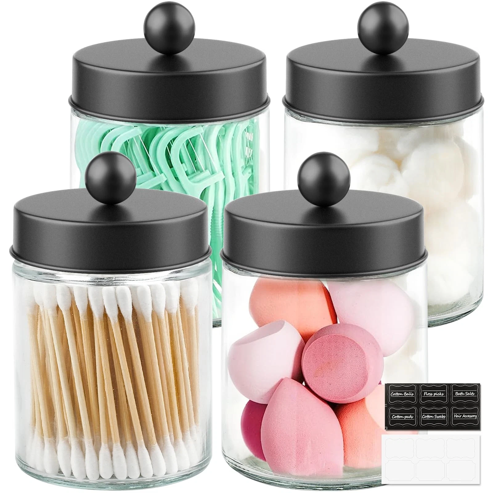 4 Pack Glass Apothecary Jars with Lids for Bathroom, Cute Qtip Holder, Black ...