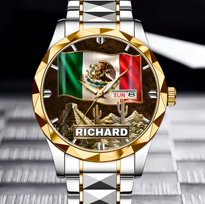 Personalized Proud Mexico Emblem Dial Custom Name Alloy Luxury Quartz Watch