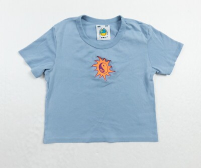 UNIF Shirt Womens Small Blue Short Sleeve Crew Neck Yin Yang Sun Retro Ladies