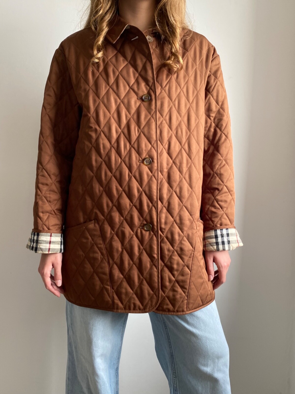 BURBERRY 00s VINTAGE WOMEN DIAMOND QUILTED JACKET BROWN NOVA CHECK LINING SIZE L