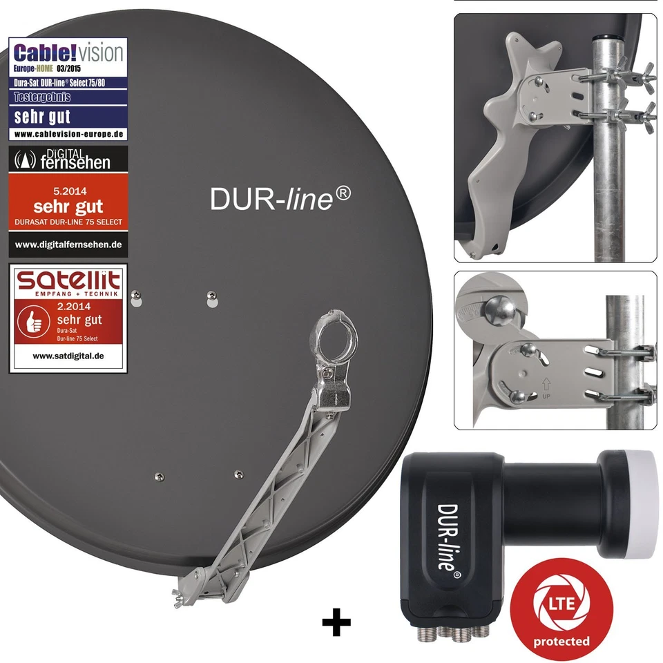 DUR-line Multischalter Set Select 75/80 Alu SatAntenne anthrazit + Quattro LNB