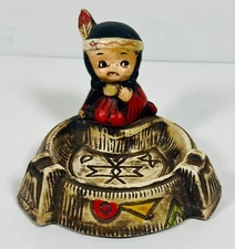 Vintage Native American Indian Girl Ceramic Ashtray 4.5" ~ Made In Japan