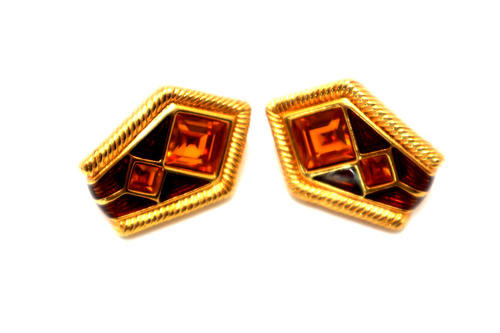 Vintage 1980s Swarovski Yellow Gold Plated Square Citrine Pointed Earrings Nice! - Picture 6 of 9