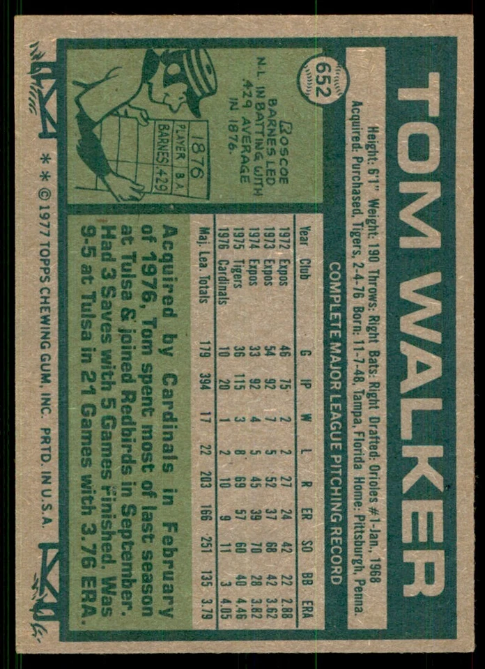 1977 Topps Tom Walker Baseball Cards #652 - Image 2 of 2