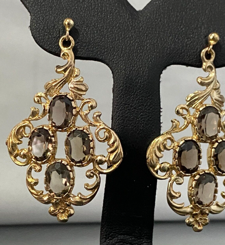 Large Vintage 9K Yellow Gold Smoky Quartz Scroll & Flower Drop Earrings - Picture 9 of 9