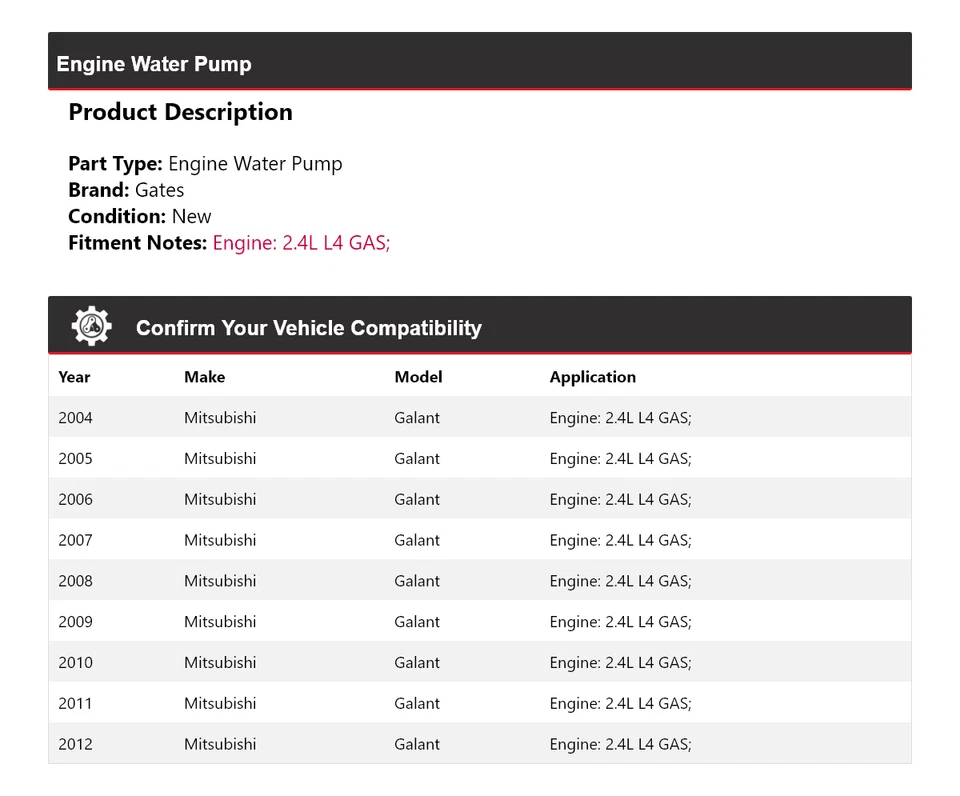 Para Mitsubishi Galant 2004-2012 2,4 L L4 Motor Gas Bomba Agua Puertas 2005 2006 Foto 2 de 4
