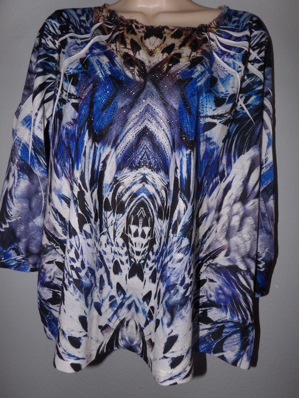 chicos artsy blue rhinestones 3/4 sleeve poly tee top size 2 m l