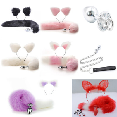 Metal Fox Tail Plugs with Plush Hairpin Couples Roleplay Adult Restraint Kit