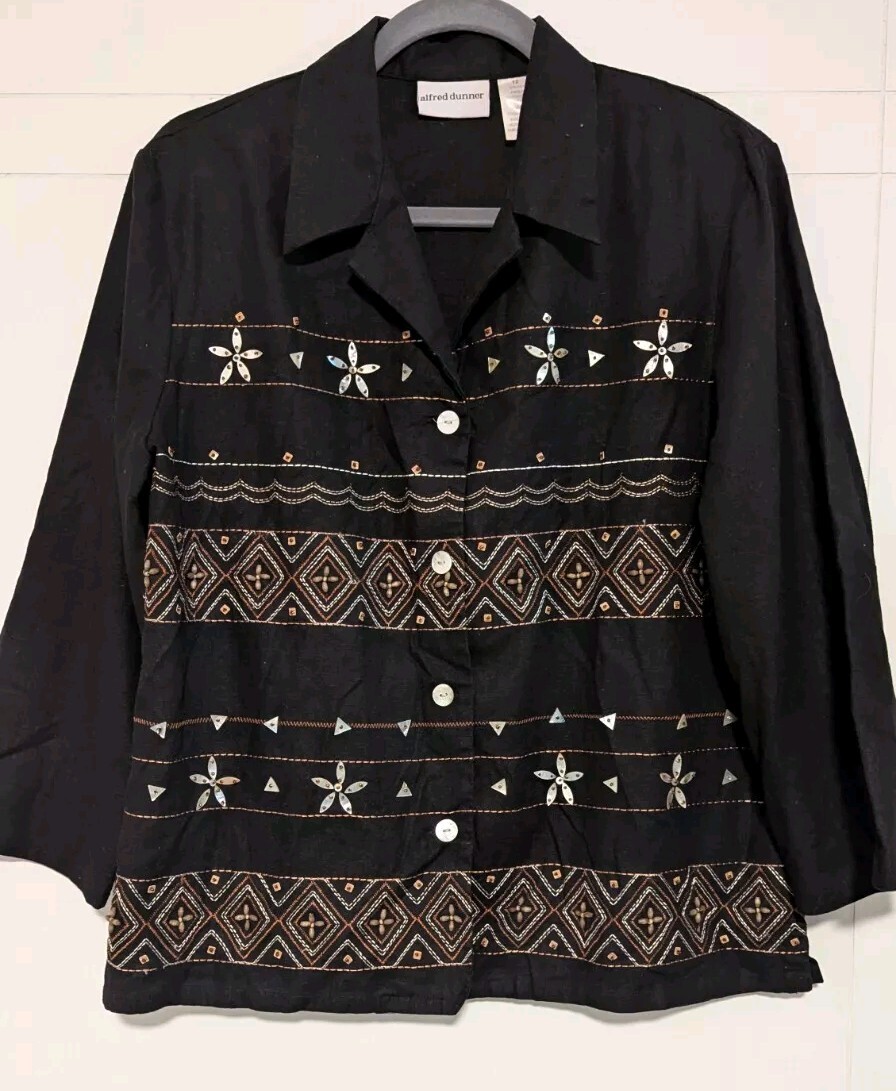 Alfred Dunner Embellished Linen Shirt 90s Retro Western Tribal Dark Academia Style  