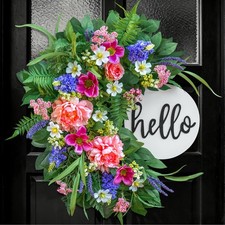 24 Inch Spring Wreath for Front Door with Wooden Welcome Sign, Artificial Peo...