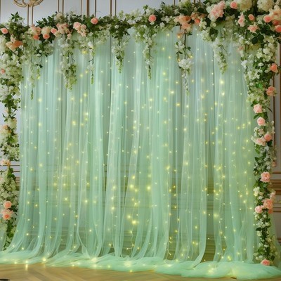 10x8ft Olive Green Tulle Backdrop Curtain with Lights String for Parites, She...