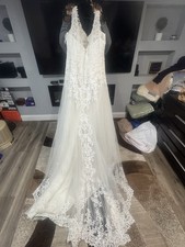 Ivory Lace Tulle Sleeveless A-Line Wedding Dress with Train, V Neck, Buttons