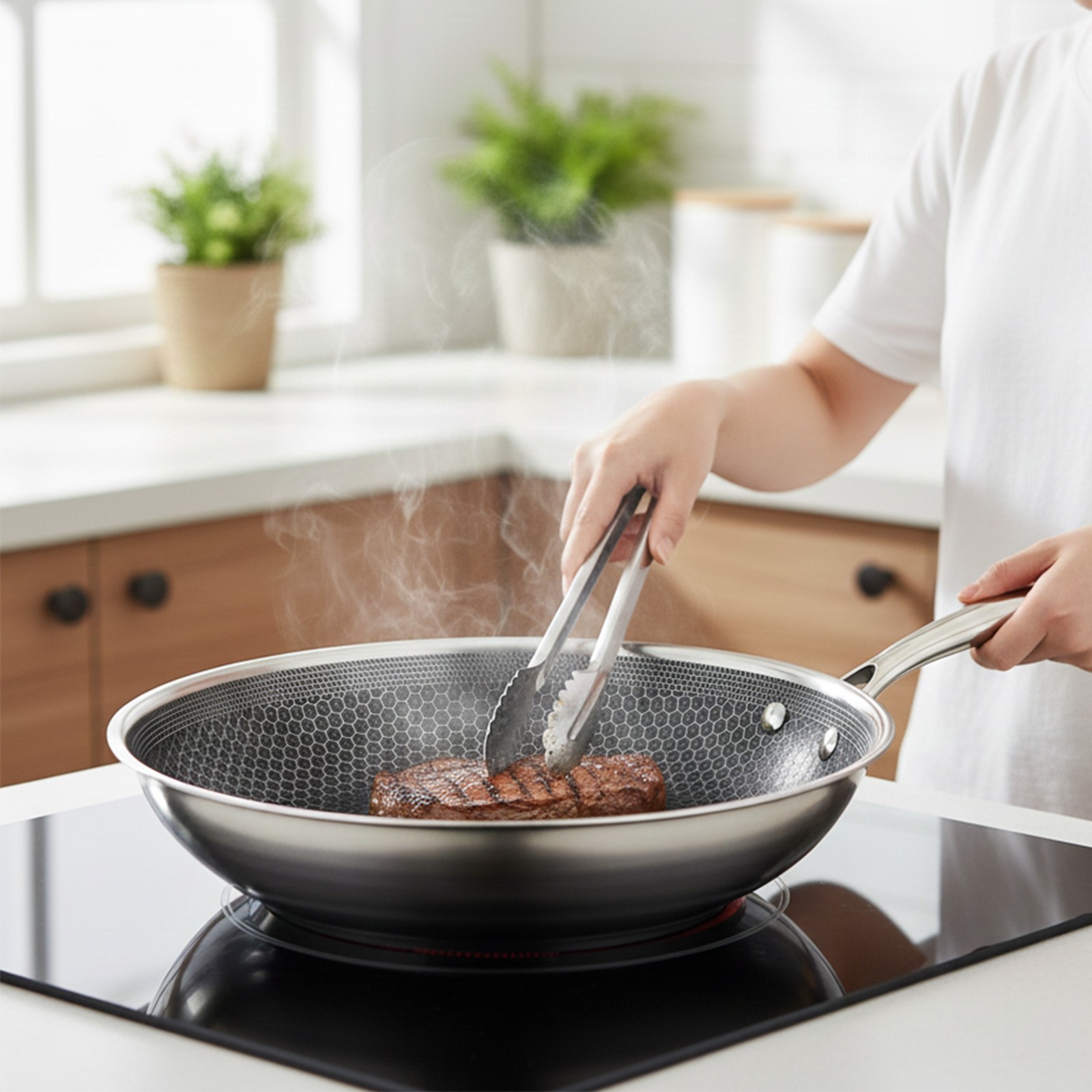 Wok 32 cm Cheffinger en acier inoxydable argenté avec revêtement nid d'abeille