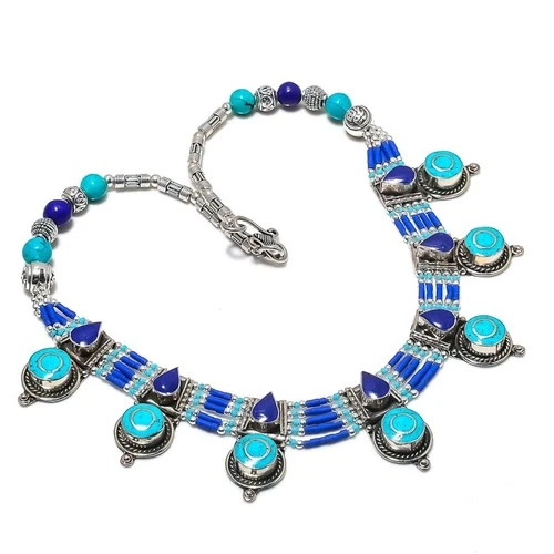 Turquoise Lapis Lazuli Gemstone Necklace Amazing Tibetan Nepali Jewelry 18" N104