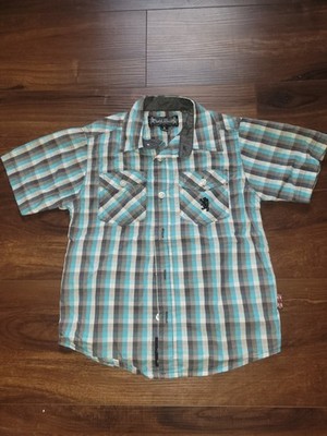 English Laundry Boys Size 5 Blue/Gray Plaid Short Sleeve Button-Up