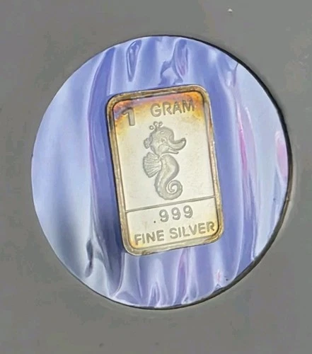 SEAHORSE - 1 Gram .999 Fine Pure Silver Bullion Mini Bar Ingot Coin - TONED