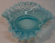 Vintage Fenton Blue Opalescent Hobnail Ruffled Edge Trinket Candy Dish 5 3/4"