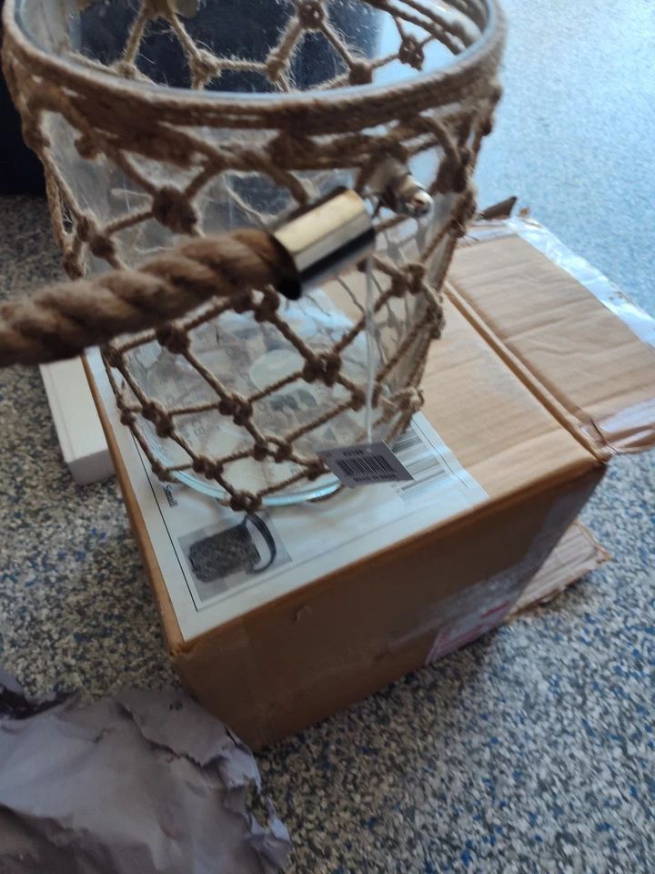 LINTERNA LUCA VIDRIO Y YUTE PEQUEÑA NUEVA 62189 HECHA EN INDIA Foto 3 de 4