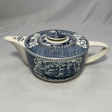 Royal China Blue Currier and Ives Teapot Clipper Ship Lighthouse with scroll EUC