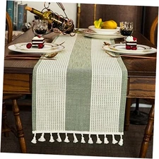 Table Runner with Tassels 72 Inches Long Rustic Striped green/beige 13*72 in