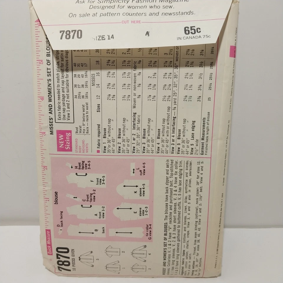 7870 Vintage 1968 Simplicity Misses Blusa Padrão Tamanho 14 Busto 36 UnCUT Retrô - Imagem 4 de 4