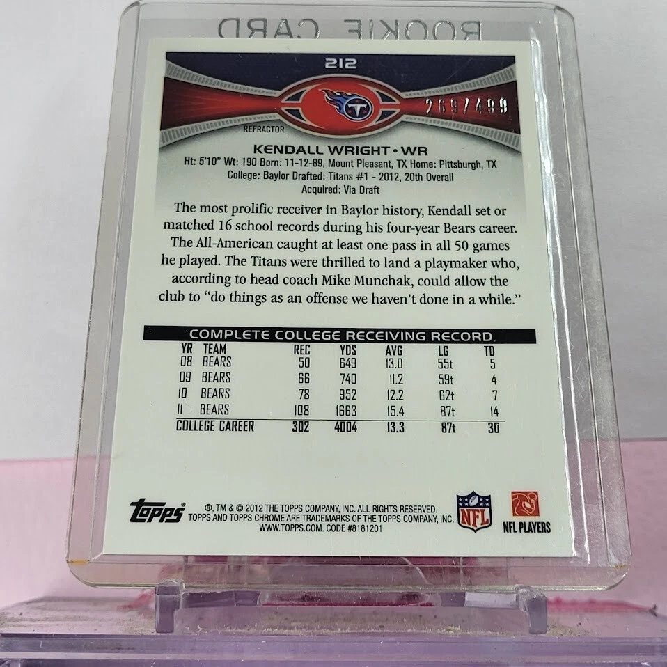 2012 Topps Chrome Rookie Card #212 Kendall Wright Tennessee Titans Camo /499 - Image 2 of 2