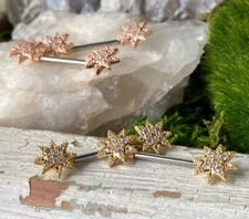 PAIR CZ Paved Starburst Star Nipple Rings Shields Pierced Body Piercing Jewelry