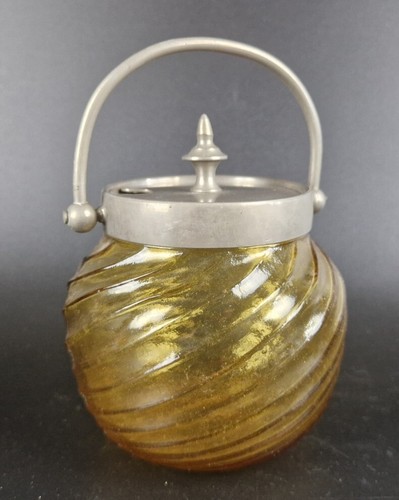 Ancien verre à confiture Art Nouveau / pot moutarde - verre ambre / couvercle en étain - 12 cm