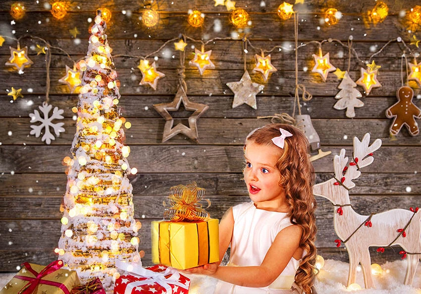 Fondo de Nochebuena de Invierno Tablero de Madera de Navidad Brillo Copo de Nieve Foto Fondo Foto 3 de 4