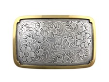 Engraved Rectangular Frame Gold and Sterling Silver Plated Western Belt Buckle